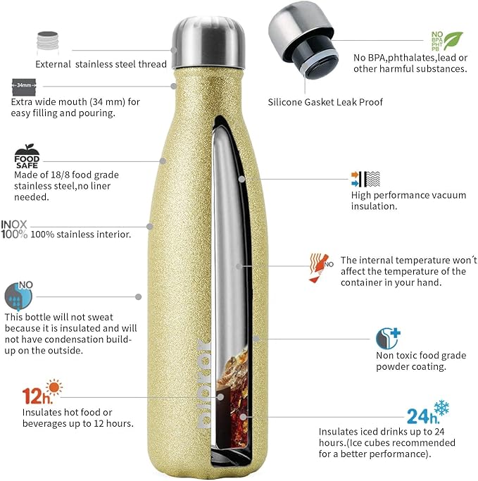 BJPKPK Glitter Yellow Insulated Water Bottle 17 oz Stainless Steel Water Bottles Cola Shape Water Bottles