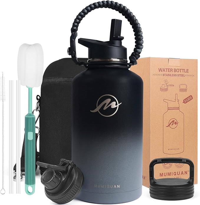 Insulated Water Bottle 64 oz with Straw Lid (3 Lids), Half Gallon Jug Flask, Large Metal Stainless Steel Bottle, 64 oz Double Wall Vacuum Sports Thermo Mug, Cold 48H Hot 24H (Black Grey)
