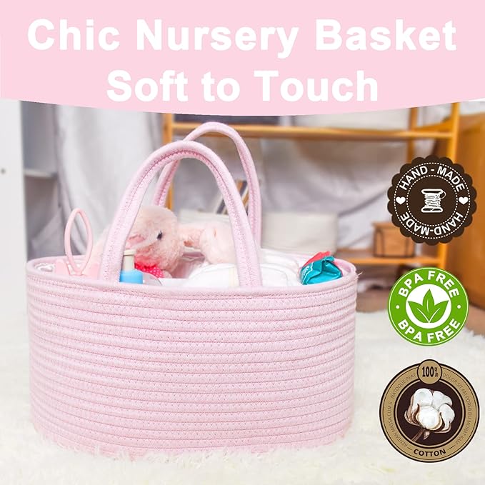 ABenkle Baby Diaper Caddy, Nursery Storage Bin and Car Organizer for Diapers Wipes, Cotton Rope Basket Changing Table Caddy