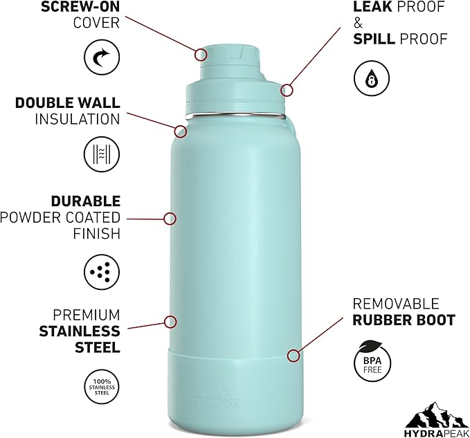 Hydrapeak 32oz Sport Insulated Water Bottle with Chug Lid, Premium Stainless Steel Water Bottles, Leak & Spill Proof, Keeps Drinks Cold for 24 Hours, Hot for 12 Hours (32oz, Aqua)