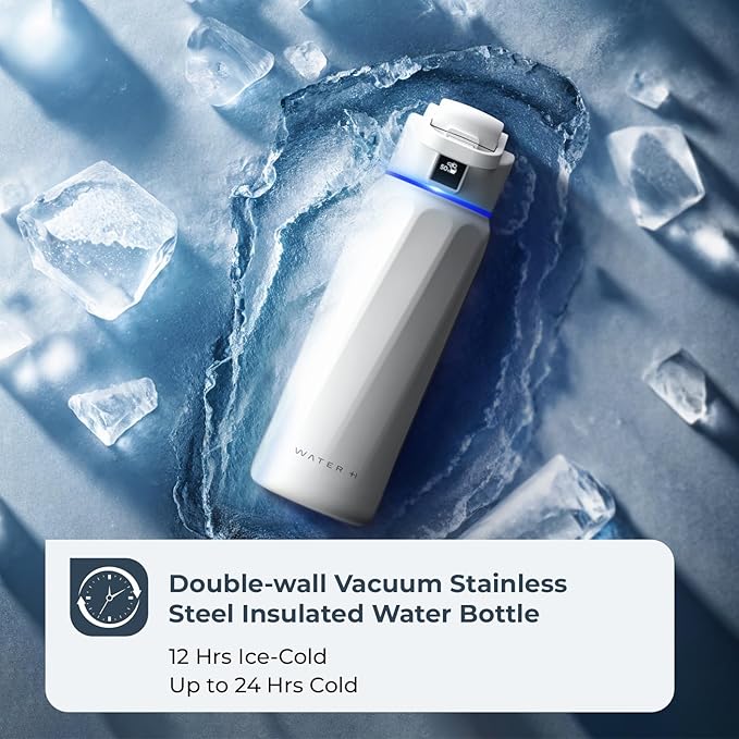 Smart Water Bottle with Reminder to Drink Water - Double Wall Vacuum Insulated Water Bottle Stainless Steel, Wide Mouth 32 oz Water Bottles with Leak-proof Lockable Lid, Water Intake Tracker - White