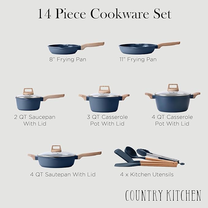 Country Kitchen Pots and Pans Set Nonstick, Cast Aluminum Kitchen Cookware Set with Utensils, 14 Pcs Non Stick Cooking Set w/Frying Pans & Saucepans