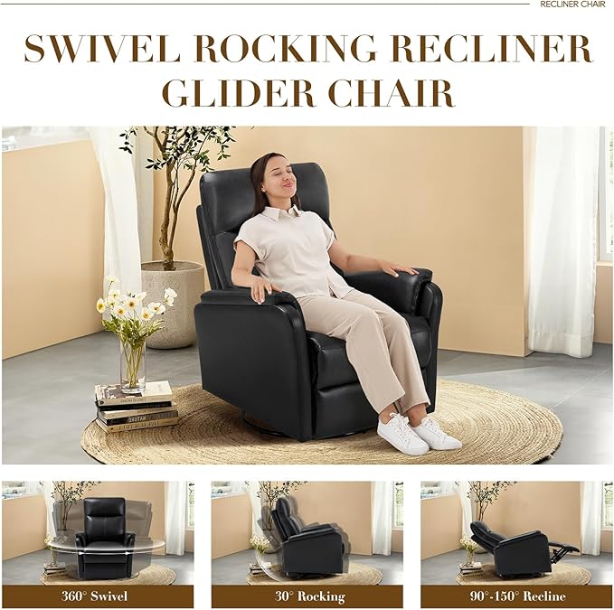 Swivel Rocking Recliner Glider Chair, Leather Reclining Rocker Chair with Footrest for Living Room, Nursery, Office, Bedroom, Ergonomic High Backrest, Wide Seat Cushion and Metal Base-Charcoal
