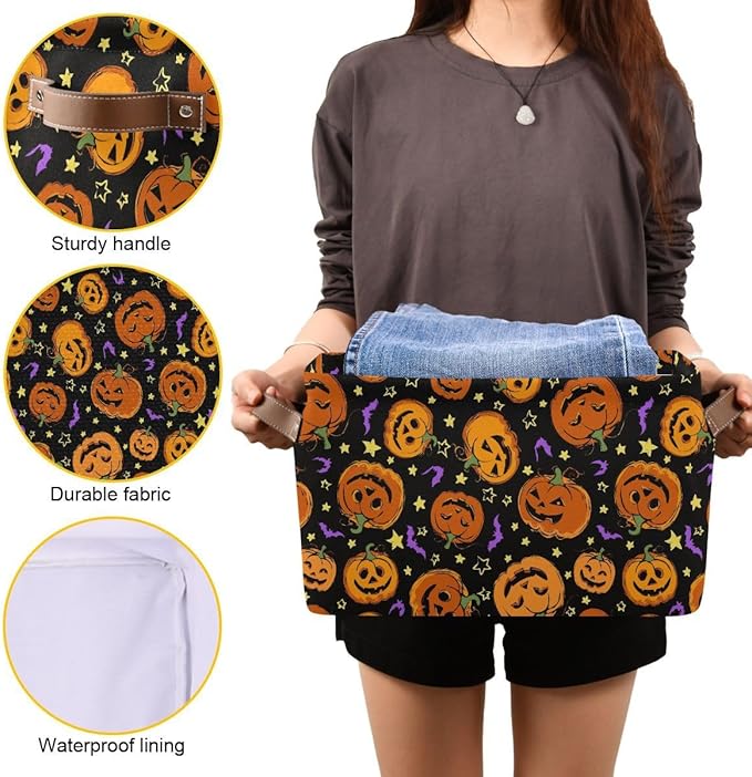 Halloween Pumpkin Spooky Storage Basket Fabric Kitchen Baskets Purple Bat Black Open Home Storage Bins Boxes Foldable Organizer Bag for Baby Cloth Pet Toy Book Shelf Closet Baskets 16×12×8 Inches