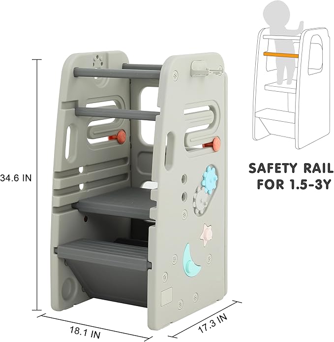SDADI Multifunctional Toddler Tower with Double Safety Rails - Adjustable & Non-Slip for Kitchen and Bathroom Use - Montessori Step Stool for Kids, Dark Gray and Light Gray