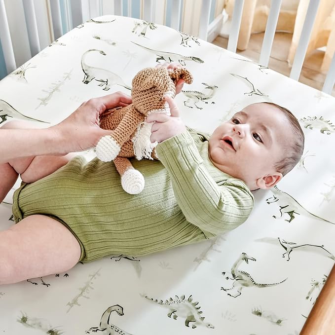 GRSSDER Stretch Ultra Soft Jersey Knit Fitted Crib Sheets Set 2 Pack,Fit All Standard Crib Mattress Pads Safe and Snug, Crib Fitted Sheet for Baby, Dinosaur