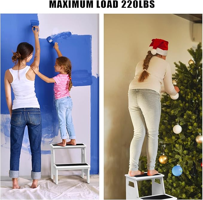 Kids Step Stools for Toddlers Bathroom Wood Toddler Step Stool Kitchen Counter Sink Baby Stepstools Bamboo Wooden Foot Bed Stool for Child Potty Training Toilet Stool Stepping Stool, White with Pads