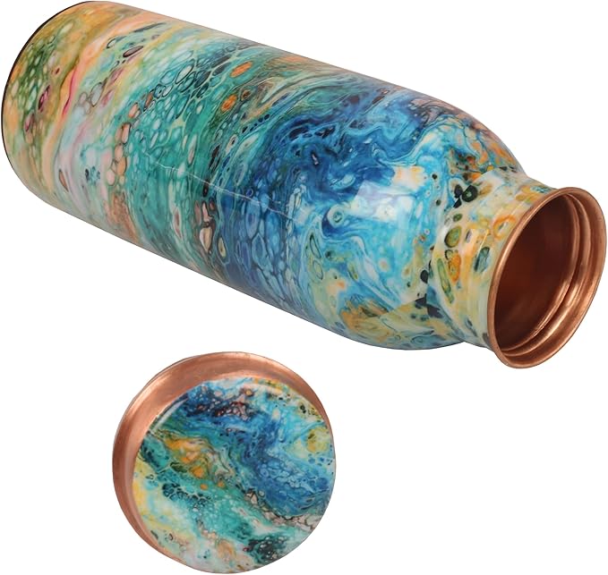 Pure Copper Water Bottle - Handcrafted - Ayurveda health benefits - Small 15 oz - Leak proof - Easy to carry for Sports, Fitness, Yoga, School - Royal Mosaic 3D Vintage Colorful Enamel