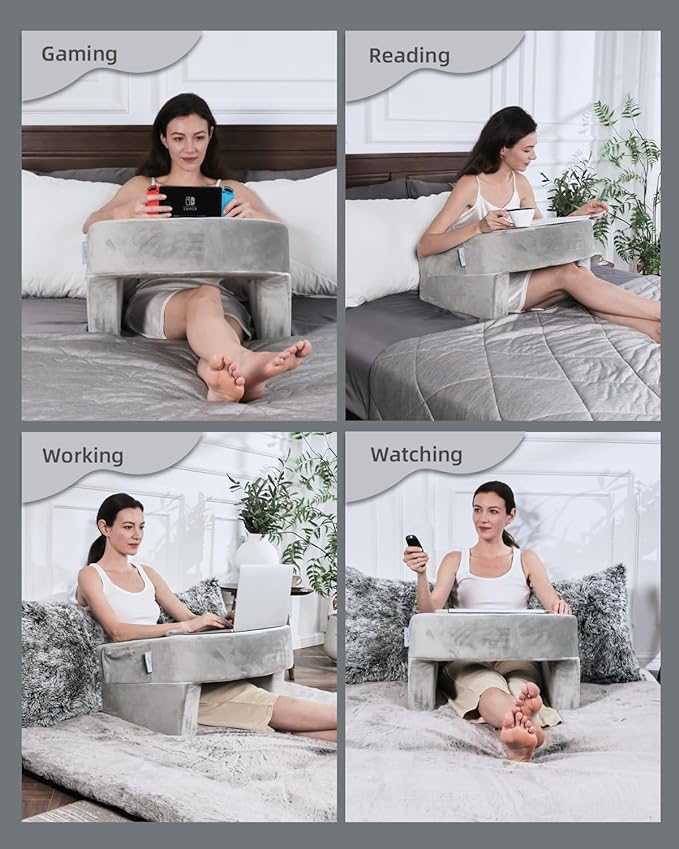 Weighted Idea Reading Pillow for Gaming, Extra Large Arm Rest Pillow for Adult,Lap Desk Pillow Gaming Pillow with 2 Side Pockets for Gaming, Reading, Working Sitting in Bed Floor Sofa (Grey)