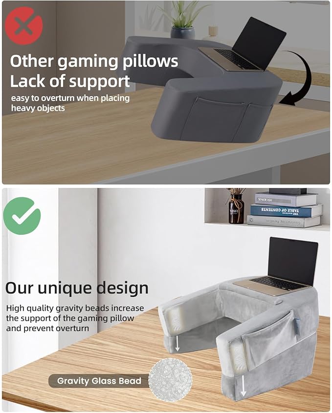 Weighted Idea Reading Pillow for Gaming, Meduim Gaming Pillow for Adult,Table Pillow with 2 Side Pockets for Gaming, Reading, Working Sitting in Bed Floor Sofa (Grey)