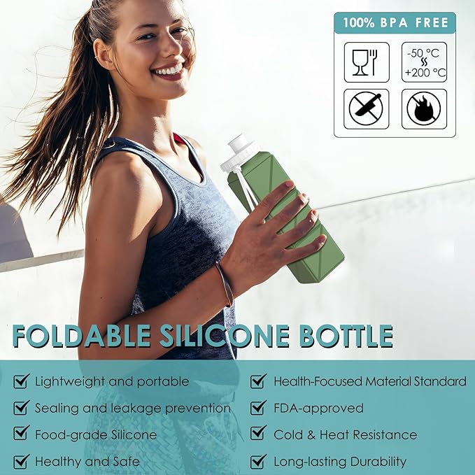 Collapsible Water Bottles 20.7oz Leakproof with Straw Lid Food-Grade BPA-Free Silicone Travel Foldable Water Bottles for Sports Office Gym Hiking Driving 610ML (Type1 Army Green)