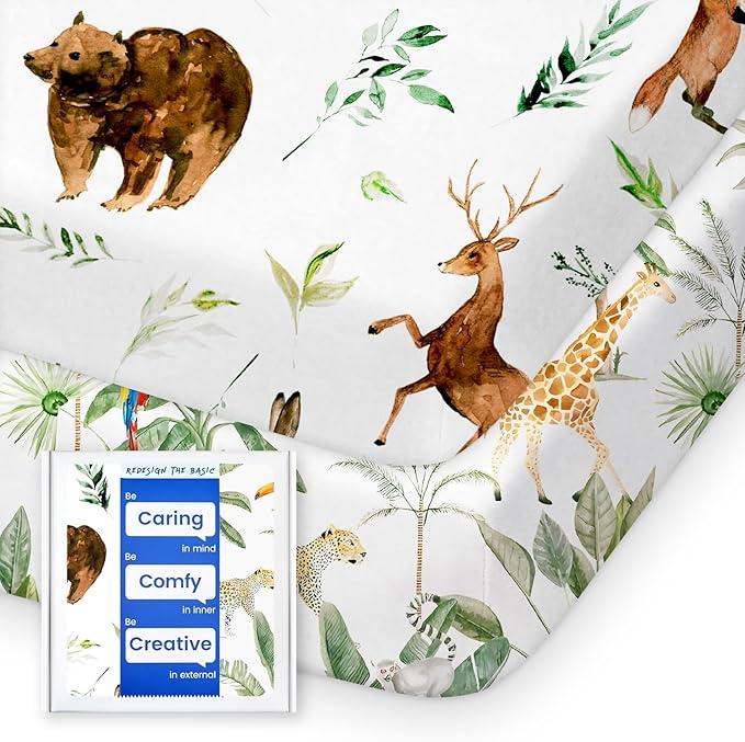 Pack N Play Sheets Fitted, TotBasic Ultra Soft Woodland Mini Crib Sheets, Premium Jersey Knit Pack and Play Sheets, Stretchy Neutral Play Yard Sheets for Pack and Play Mattress, 2 Pack (Animal Safari)