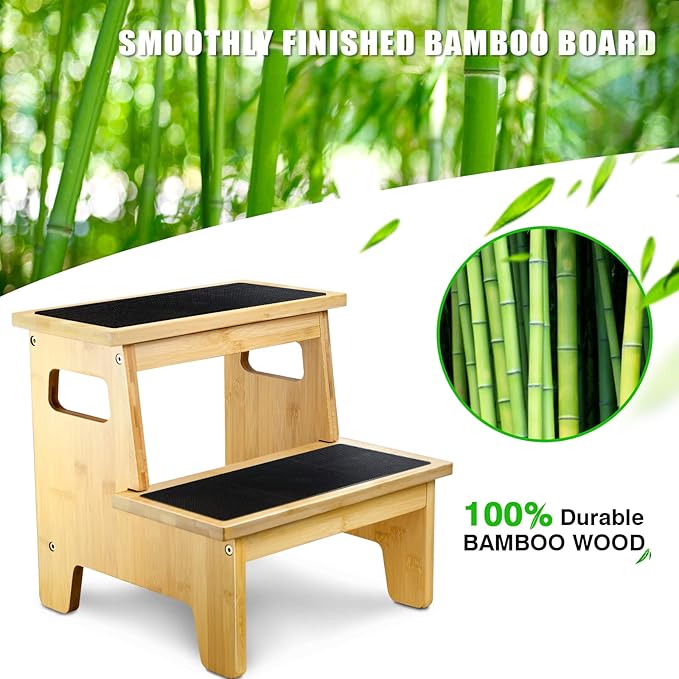 Kids Step Stools for Toddlers Bathroom Bamboo Wood Toddler Stepping Stool Kitchen Counter Sink Baby 2 Step Stool Foot Bed Stool for Adults Child Potty Training Toilet Stool, Natural with Pads