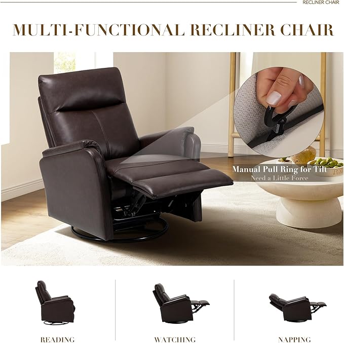 Swivel Rocking Recliner Glider Chair, Leather Reclining Rocker Chair with Footrest for Living Room, Nursery, Office, Bedroom, Ergonomic High Backrest, Wide Seat Cushion and Metal Base-Chocolate