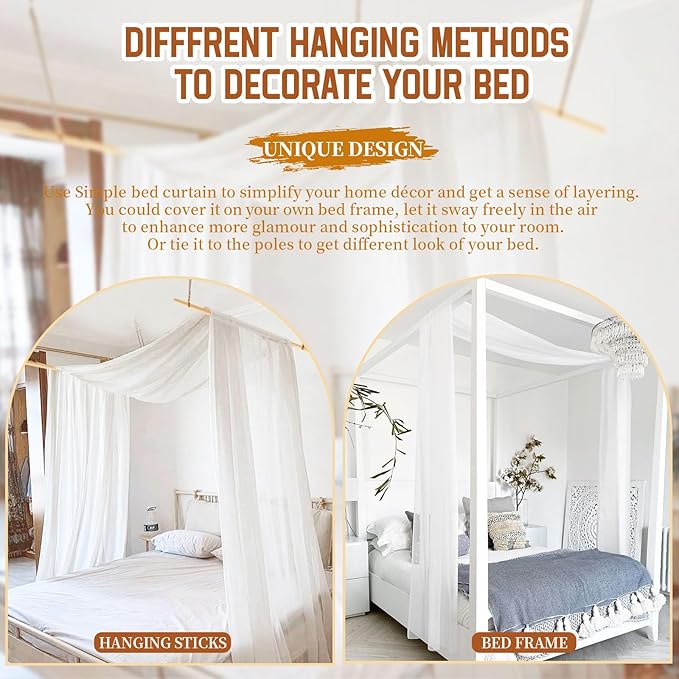 Showgeous 2 Panels Canopy Curtains White Canopy Bed Curtains 37.4" x 228" Bed Canopy Scarf for Full/Queen Bed Frame,Queen Canopy Bed Curtains,Sheer Bed Canopy Curtains Drapes Bed Tulle Canopy