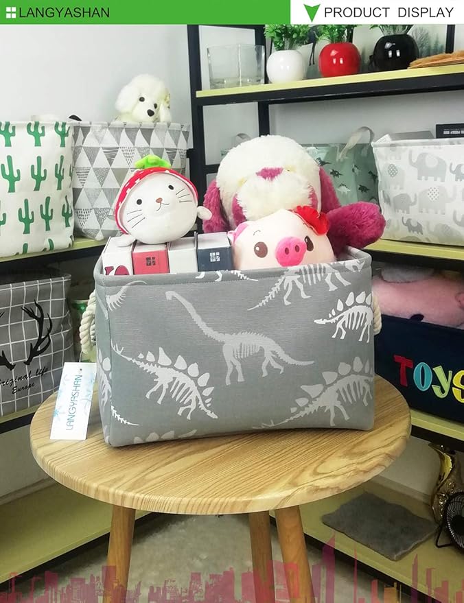 LANGYASHAN Rectangular Storage Bin Collapse Canvas Fabric Cartoon Storage Basket with Handles for Organizing Home Kitchen Boys and Girls Toys Office Closet Shelf Baskets (Rec Gray Dinosaur skeleton)