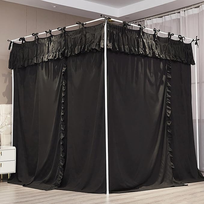 Ruffle Lace up 4 Corners Post Princess Curtain Bed Canopy Cozy Breathable Mosquito Net Cloth for Girls Adults Bedroom Decoration (Black, 59" W*82" L*82" H/Queen)