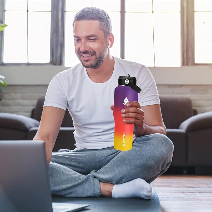 SENDESTAR Water Bottle 32oz,2 Lids(Straw lid),Wide Mouth Stainless Steel Vacuum Insulated Double Wall Keep Liquids Cold or Hot All Day,Sweat Proof Sport Design,Fit Car Cup Holder(Havana)