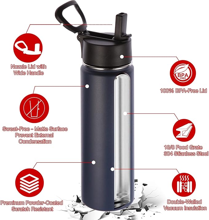 Volhoply 24oz Insulated Water Bottle With Straw Bulk 6 Pack,Metal Wide Mouth Water Bottles With Handle Lid Keep Cold,Reusable Double Wall Thermos,Powder Coated Sport Bottle For Holder(Navy,6 Count)