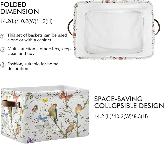Watercolor Bird Butterfly Storage Basket Bin for Shelves Closet Vintage Foldable Fabric Storage Box Cube with Handles Kids Gifts Toys Cloth Shelf Basket Organizer for Bedroom Nursery Home Decor