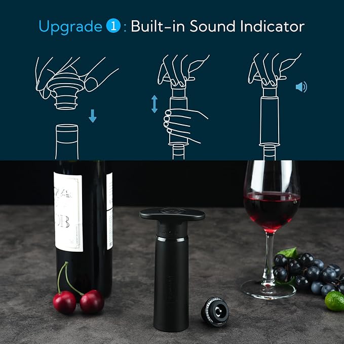 KITCHENDAO Wine Saver Pump with Sound Indicator,4 Vacuum Wine Stoppers and Storage Box,Reusable Wine Stoppers Preserver to Keep Wine Fresh,Ideal Wine Accessories Wine Preserver(Black)