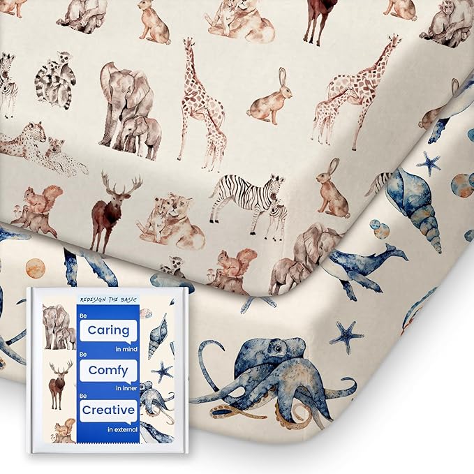 Graco Pack and Play Sheets Fitted, TotBasic Ultra Soft Mini Crib Sheets Boy, Neutral Pack N Play Mattress Sheets Hypoallergenic and Soothing, Premium Jersey Playrad Sheets, Safari Sea Animals, 2 Pack