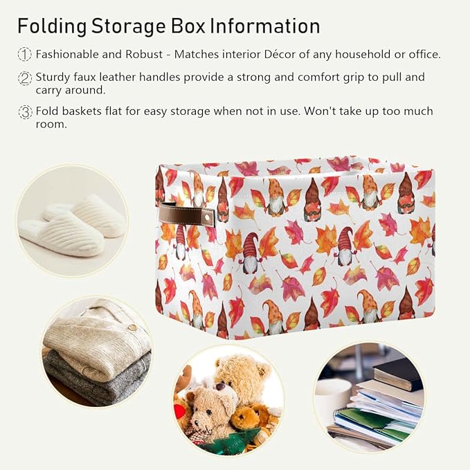 Fall Gnomes Storage Basket Fabric Kitchen Baskets Autumn Maple Leaves Open Home Storage Bins Boxes Foldable Organizer Bag for Baby Cloth Pet Toy Book Shelf Closet Baskets 16×12×8 Inches