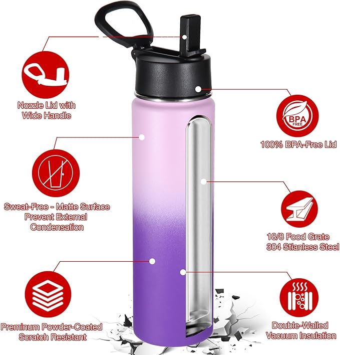 Volhoply 24oz Insulated Water Bottle With Straw Bulk 6 Pack,Metal Wide Mouth Water Bottles With Handle Keep Cold,Reusable Double Wall Thermos,Powder Coated Sport Bottle For Holder(Lavender,6 Count)