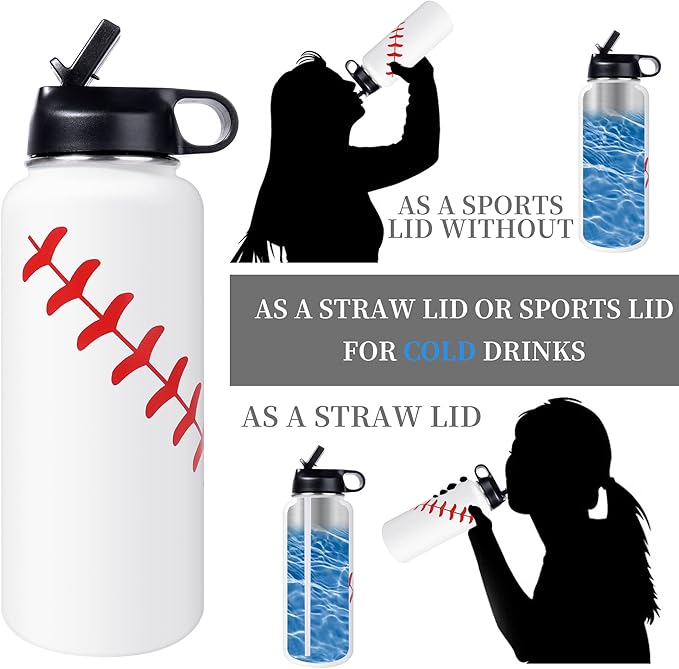 40oz Wide Mouth Baseball Water Bottle with Two Lids(Straw, Handle Lid), 18/8 Stainless Steel Vacuum Insulated for Travel & Sport Cup. (Baseball White, 40oz)