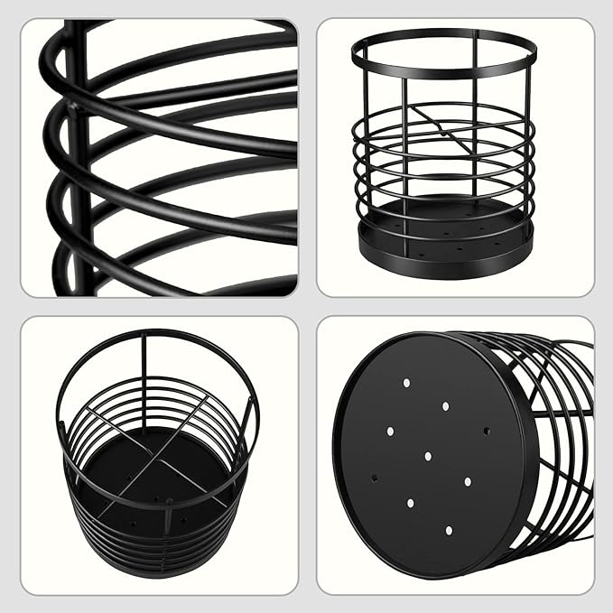 RedCall Utensil Holder for Kitchen Countertop,Metal Spatula Holder,Cooking Utensil Holder for Spoon,Wire Utensil Organizer,Stainless Steel Round Utensil Caddy Crock Flatware Storage Counter (Black)