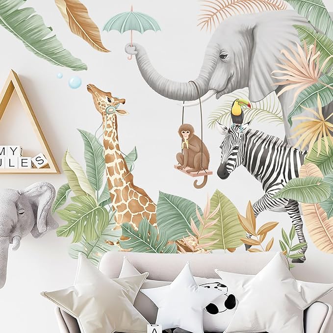 Jungle Animals Wall Stickers Wildlife Giraffe Elephant Monkey Zebra Wall Decals Tropical Plants Wall Decor for Kid Girl Baby Room Stickers Peel and Stick Wall Art Home Decor Living Room Bedroom