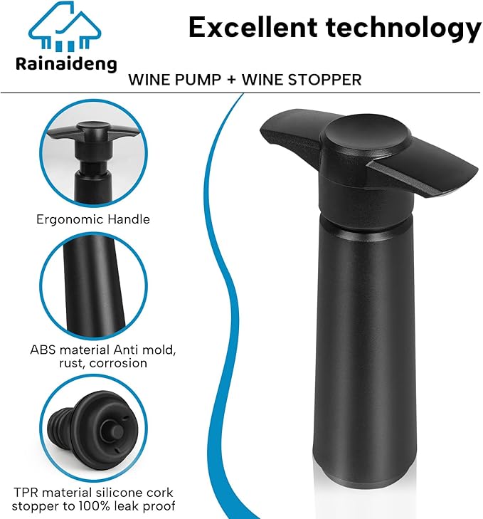 Wine Saver Pump with 6 Vacuum Stoppers,Wine Stopper, Wine Preserver, Wine Pump and Wine Vacuum Stopper are Black,Reusable Bottle Sealer Keeps Wine Fresh, Ideal Wine Accessories Gift