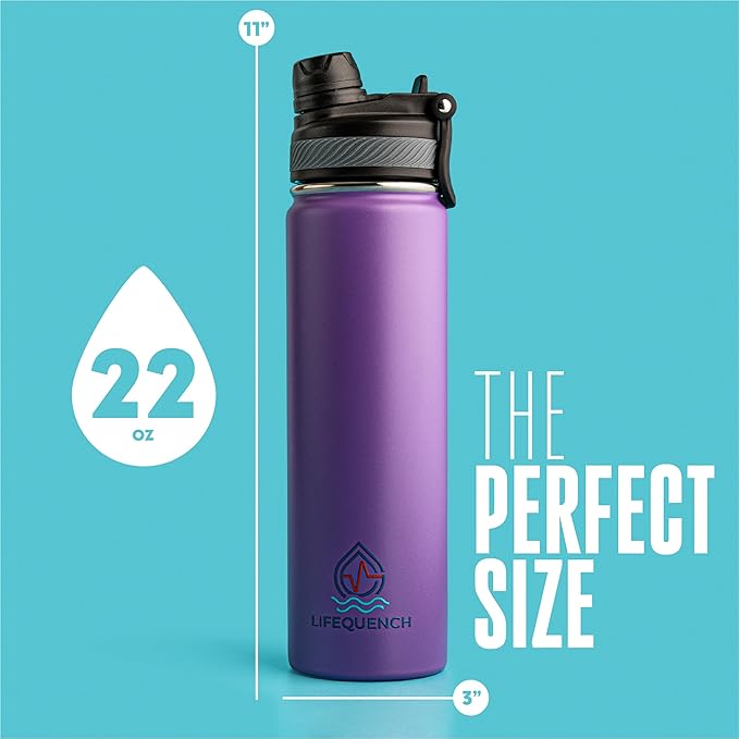 Insulated Water Bottle with Straw and Handle 22 oz-Stainless Steel Water Bottles with Straw, Dual Cap Function & Sleeve, Keeps Drinks Hot Up to 12 Hours & Cold Up to 24 Hours (Purple)