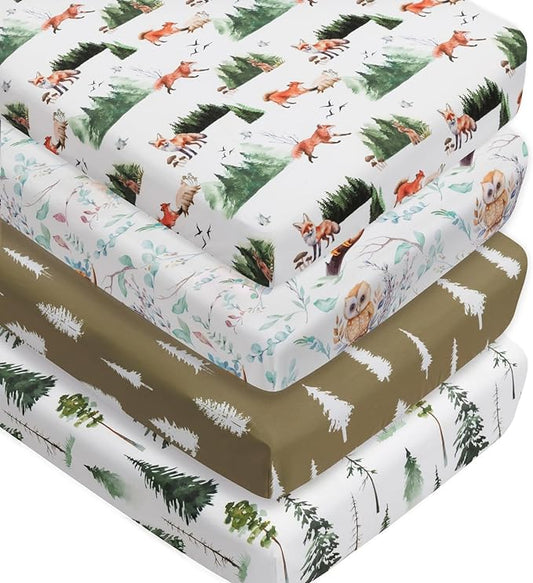 4 Pack Woodland Forest Animals Wood Neutral Unisex Fitted Baby Crib Sheets Set for Baby Boys or Girls (Paint Fox, 52 * 28)