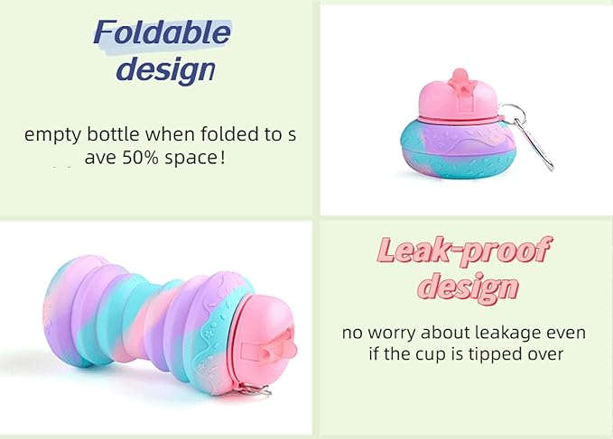 Collapsible Water Bottles,Foldable Sport Cups,Leak Proof Reusable Bpa Free Water Bottles,21oz Mixed Colors Design,for Outdoor, Travel Gym Hiking Pink