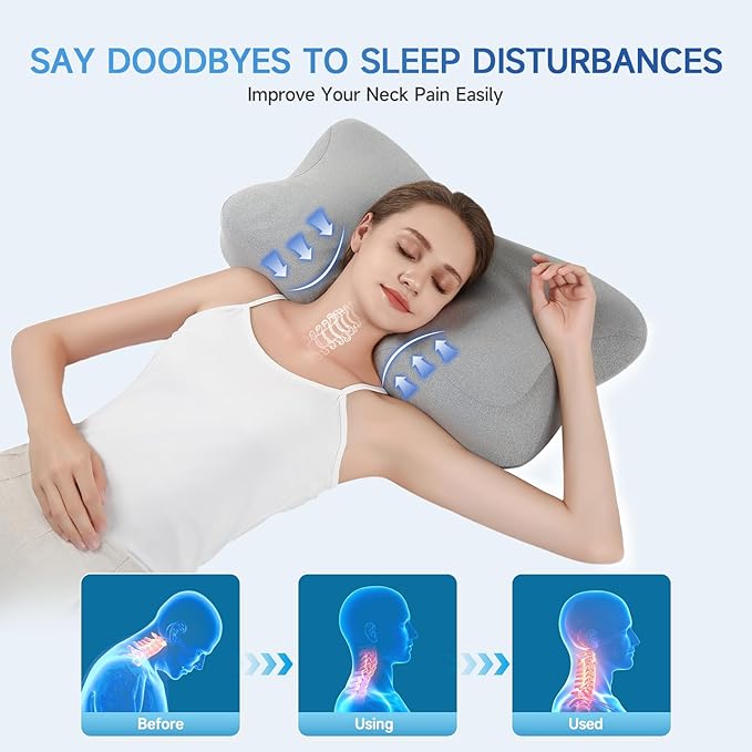 Cervical Pillow for Neck Pain Relief,Memory Foam Ergonomic Neck Support Pillow for Side Back&Stomach Sleepers with Pillowcase,Contour Best Bed Anti-Snoring Pillows for Sleeping-2Pack