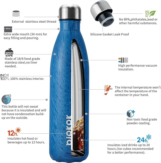 BJPKPK Stainless Steel Water Bottles -25oz/750ml -Insulated Water bottles,Sports water bottles Keep cold for 24 Hours and hot for 12 Hours,wood-Ice Blue