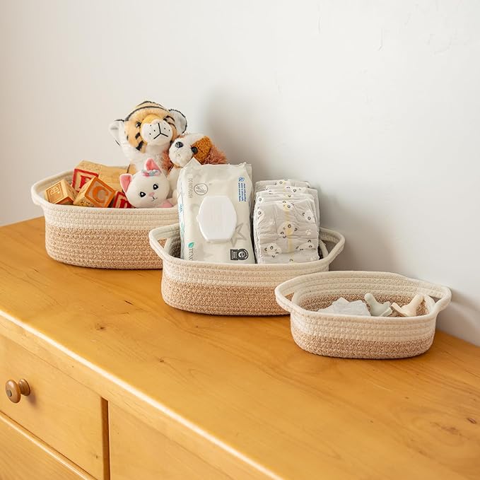 OrganiHaus Set of 5 Rectangle Bathroom Storage Baskets for Organizing, Small Woven Baskets for Storage Basket for Bathroom, Nursery Storage Basket for Baby Nursery Organization, Cute Bin, Honey/White