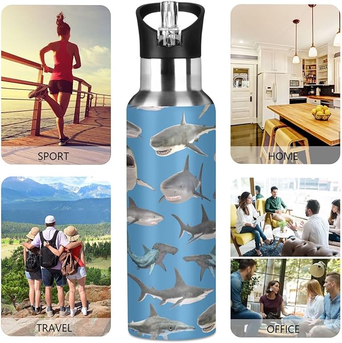 shark hammerhead shark Stainless Steel Water Bottle with Straw Lid - 20 Oz Sports Insulated Water Bottle Thermos for Sport Gym Outdoor Travel School