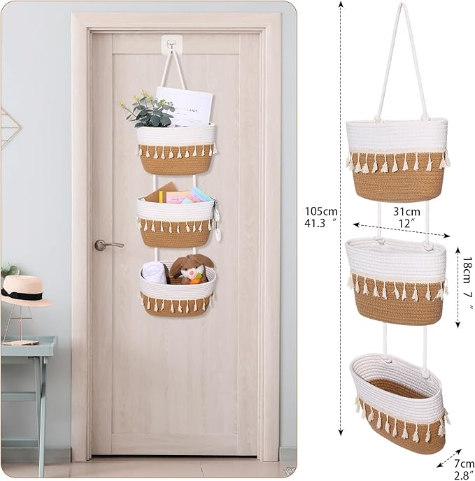 Over The Door Hanging Basket Boho Woven Wall Hanging Baskets 3-Tier Cotton Wall Mounted Storage Organizer Bag Macrame Decorative Hanging Baskets for Kitchen Laundry Room Stairs(White, Jute)