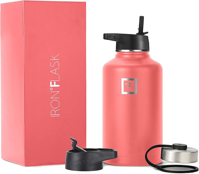 IRON °FLASK Sports Water Bottle - Wide Mouth with 3 Straw Lids - Stainless Steel Gym & Outdoor Bottles for Men, Women & Kids - Double Walled, Insulated Thermos, Metal Canteen - Peach, 64 Oz