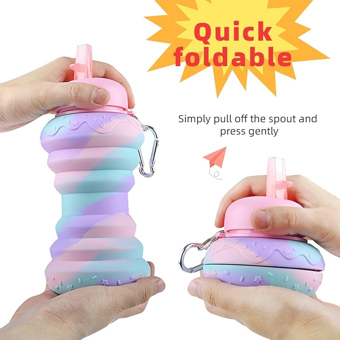 Collapsible Water Bottles,Foldable Sport Cups,Leak Proof Reusable Bpa Free Water Bottles,21oz Mixed Colors Design,for Outdoor, Travel Gym Hiking Pink