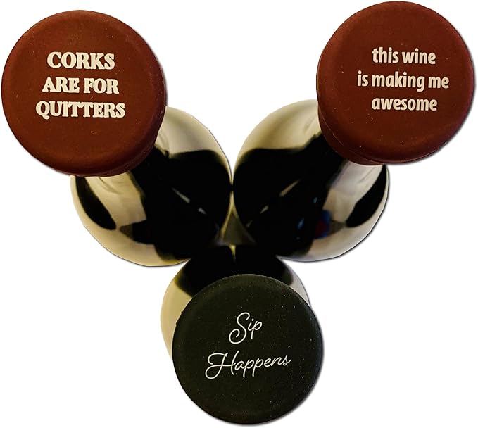 Funny Silicone Wine Stoppers - Leakproof Double Seal Design - Reusable Bottle Covers - Glass Bottle Toppers - Easy to Use Silicone Bottle Stopper for Wine, Champagne & More (Pack of 3)