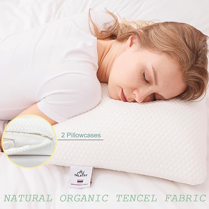 Talatex Talalay 100% Natural Premium Latex Pillow, Helps Relieve Pressure, No Memory Foam Chemicals, Perfect Package Best Gift with Removable Tencel Cover (Soft, Queen (28"×16"×5.9"))