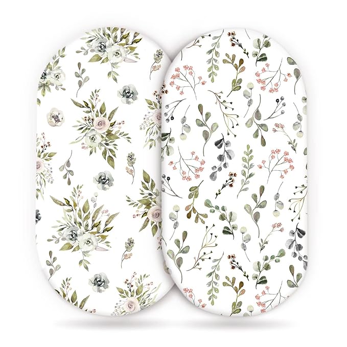 Stretchy Ultra Soft Fitted Bassinet Sheets 2 Pack, Universal Fitted for Bassinets Baby Cradle Moses Basket Oval Rectangle Mattress, Watercolor Rose and Flora Bassinet Sheet for Baby Girls