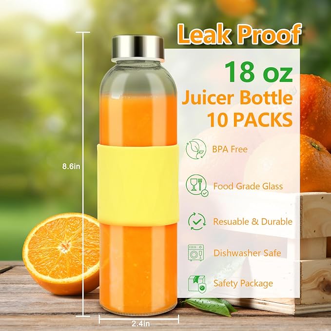 Clear Glass Water Bottles with Silicone Sleeve and Lids 18 oz, Reusable Glass Juice Bottles with Stainless Steel Airtight Cap for Juicing, Leak Proof Drinking Bottles, BPA Free, Set of 6