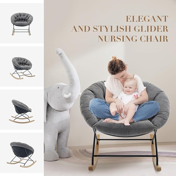 COLAMY Rocking Chair Nursery, Upholstered Glider Rocker Accent Chair Saucer Armchair with Comfy Cushions, Wood Base and Metal Legs for Living Room, Bedroom, Office, Grey