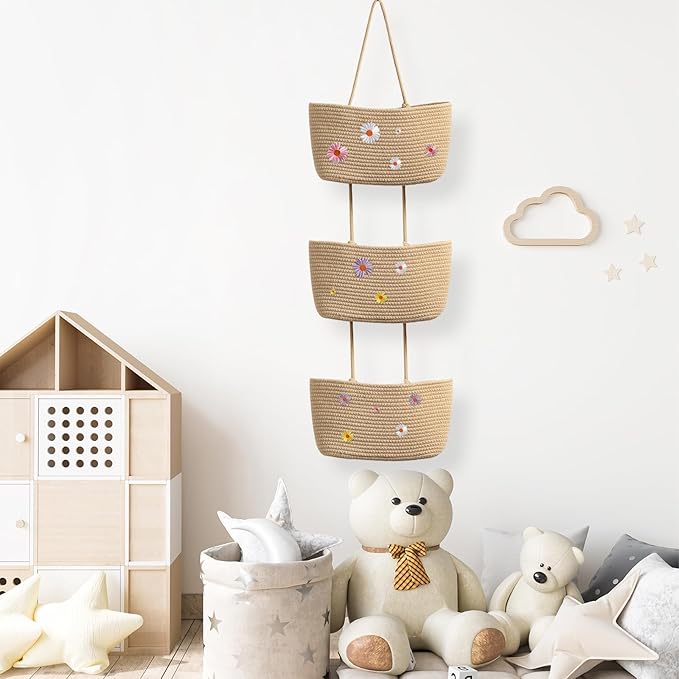 TeoKJ Over the Door Hanging Basket, 3-Tier Woven Cotton Wall-Mounted Storage Organizer with Self Adhesive Flowers Stick Decorative Hanging Nursery Baskets - Jute