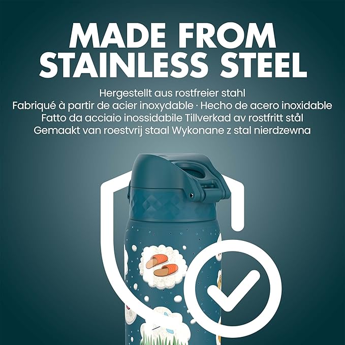 Ion8 Kids Water Bottle, Steel 400 ml/13 oz, Leak Proof, Easy to Open, Secure Lock, Dishwasher Safe, Flip Cover, Carry Handle, Easy Clean, Durable, Scratch Resistant, Raised Print, Dog Dreaming Design