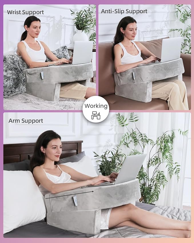 Weighted Idea Reading Pillow for Gaming, Meduim Gaming Pillow for Adult,Table Pillow with 2 Side Pockets for Gaming, Reading, Working Sitting in Bed Floor Sofa (Grey)
